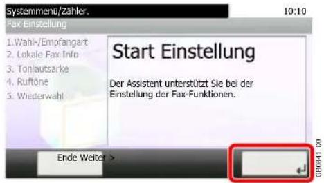 Systemmenu/Zähler. 10:10 Fax Einstellung 1. Wahl-/Empfangart 2. Lokale Fax Info 3. Tonlausärke 4. Ruftöne 5. Wiederwahl Start Einstellung Der Assistent unterstützt Sie bei der Einstellung der Fax-Funktionen. Ende Weiter >