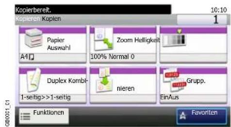 Kopierbereit. Kopieren Kopien 10:10 1 Papier Auswahl A4 Zoom Helligkeit 100% Normal 0 Duplex Kombl- 1-seitig>>1-seitig nieren EinAus Grupp. Funktionen Favorite