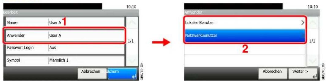 Bearbeit Name User A 1 Anwender User A Password Login Aus Symbol Männlich 1 Abbrechen Reichern 10:10 1/1 Anwender Lokaler Benutzer Netzwerkbenutzer 2 10:10 Abbrechen Weiter >