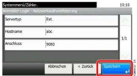 Anmelder-Login - Netzwerkauthentifizierung 10:10 Servertyp Ext. Hostname abc Anschluss 9093 1/1 Abbrechen < Zurück Speichern GB0427.01