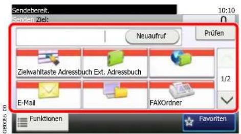 Sendebereit. 10:10 Senden Ziel: Neuaufruf Prüfen Zielwahlbaste Adressbuch Ext. Adressbuch E-Mail FAXOrdner 1/2 Funktionen Favorite