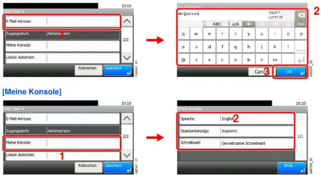 User:User A E-Mail-Adresse Zugangsstufe | Administrator Meine Konsole Lokale Autorisier. Abbrechen Speichern G50441 01 2/2 → [Meine Konsole] User:User A E-Mail-Adresse Zugangsstufe | Administrator Meine Konsole Lokale Autorisier. Abbrechen Speichern G80441 01 2/2 → Meine Konsole Sprache | English2 Standardanzelge | Kopieren Schnellwahl | Gemeinsame Schnellwahl 1/1 Ende G60746_00