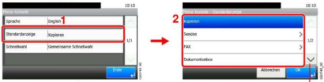 Meine Konsole Sprache English 1 Standardanzeige Kopieren Schnellwahl Gemeinsame Schnellwahl 1/1 Ende 2 Meine Konsole - Standardanzeige Kopieren Senden > FAX > Dokumentenbox Abbrechen OK 080745.00