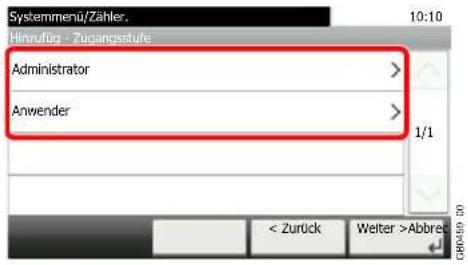 Systemmenü/Zähler. Hinruftig - Zugangsstufe Administrator > Anwender > 1/1 < Zurück Weiter >Abbrec