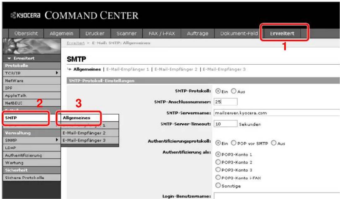 KYOCERA COMMAND CENTER Übersicht Allgemein Drucker Scanner FAX / I-FAX Aufträge Dokument-Feld Erweitert Erweitert > E-Mail: SMTP: Allgemeines SMTP Allgemeines | E-Mail-Empfänger 1 | E-Mail-Empfänger 2 | E-Mail-Empfänger 3 SMTP-Protokoll-Einstellungen SMTP-Protokoll: Ein Aus SMTP-Anschlussnummer: 25 SMTP-Servername: mailserver.kyocera.com SMTP-Server-Timeout: 10 Sekunden Authentifizierungsprotokoll: Ein POP vor SMTP Aus Authentifizierung als: POP3-Konto 1 POP3-Konto 2 POP3-Konto 3 POP3-Konto i-FAX Sonstige Login-Benutzername: