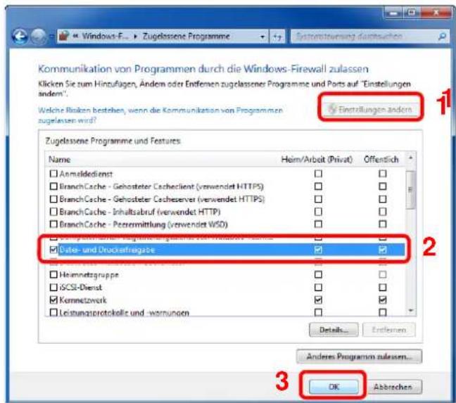 Kommunikation von Programmen durch die Windows-Firewall zulassen Klicken Sie zum Hinzufügen, Ändern oder Entferen zuglassener Programme und Ports auf "Einstellungen andem". Welche Rücken bestehen, wenn die Kommunikation von Programmen zugelassen wird? Zugelassene Programme und Features Name Heim/Arbeit (Privat) Offentlich □ Anmaldeidienst □ □ □ BranchCache - Gehosteter Cacheclient (verwendet HTTPS) □ □ □ BranchCache - Gehosteter Cacheserver (verwendet HTTPS) □ □ □ BranchCache - Inhaltsabruf (verwendet HTTP) □ □ □ BranchCache - Perzermittlung (verwendet WSD) □ □ □ Dater- und Druckrefrigabe ☑ ☑ □ Heimmutzgruppe □ □ □ iSCSI-Dienst □ □ □ Kommetzwerk ☑ ☑ □ Leistungserotokelle und -wannungen □ □ Details... Enflüssen Anderes Programm zulassen... OK Abbrachen