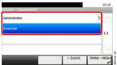 Zufligen - Zugangsstufe Administrator Anwender 1/1 < Zurück Weiter >Abbre