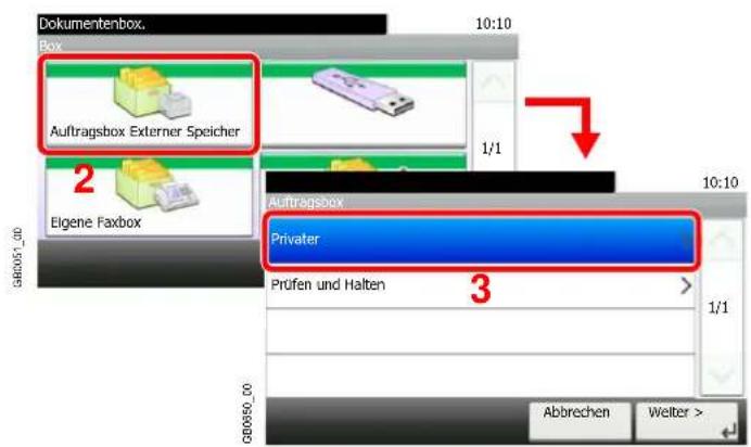 Dokumentenbox. 10:10 Box Auftragsbox Externer Speicher 1/1 2 Elgene Faxbox Auftragsbox Privater Prüfen und Halten 3 10:10 Abbrechen Welter >