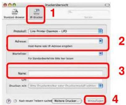 Druckersübersicht Standard-Browser: IP-Drucker 1 2 3 4 Protokali: Line Printer Daemon - LFD Adresse: Host-Name oder IP-Adresse eingaben Wartelator: For Standardwertequote bits leer lassen Name: UF: Druckan mit: Site Druckanreiber oder Druckamodell edition Nach neuen Treibern schie: Weitere Drucker...