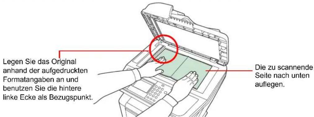 Legen Sie das Original anhand der aufgedruckten Formatangaben an und benutzen Sie die hintere linke Ecke als Bezugspunkt. Die zu scannende Seite nach unten auflegen.