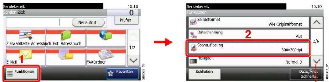 Sendebereit. 10:10 Senden Ziel: 0 Neuaufruf Prüfen Zielwahltaste Adressbuch Ext. Adressbuch 1/2 E-Mail FAXOrdner Funktionen Favoriten Sendebereit. 10:10 Funktionen Sendeformat Wie Originalformat Dateitrennung Aus 2/6 Scanauflösung 300x300dpi Helligkeit Normal 0 Schließen Dazu/And. Schnellv. GB008-1_01