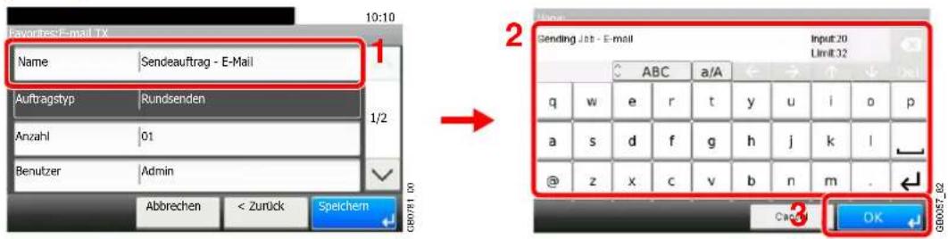 Favoritess E-mail TX Name | Sendeauftrag - E-Mail Auftragstyp | Rundsenden Anzahl | 01 Benutzer | Admin Abbrechen < Zurück Speichem 2 Sending Jcb - E-mail Input:20 Limit 32 ABC a/A q w e r t y u i o p a s d f g h j k l @ z x c v b n m . OK GB0057_62