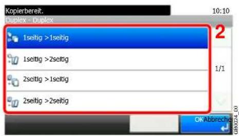 Kopierbereit. Duplex - Duplex 1seitig >1seitig 1seitig >2seitig 2seitig >1seitig 2seitig >2seitig OK Abbreche: 00 GBX024_00