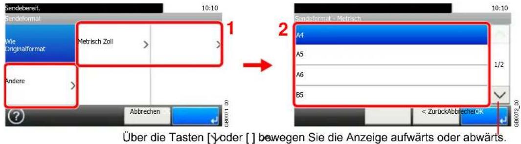 Sendebereit. 10:10 Sendefarmat Wie Originalformat Metrisch Zoll Andere Abbrechen GB0071_09 Über die Tasten [ ] oder [ ] bewegen Sie die Anzeige aufwärts oder abwärts. 2 Sendefarmat - Metrisch A4 A5 A6 B5 < ZurückAbbrecherCK GB0072_09