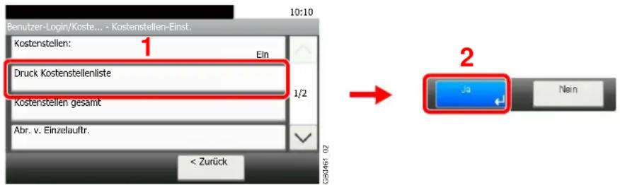 Benutzer-Login/Koste... - Kostenstellen-Einst. 10:10 Kostenstellen: Ein Druck Kostenstellenliste 1/2 Kostenstellen gesamt Abr. v. Einzelauftr. < Zurück 2 Ja Nein