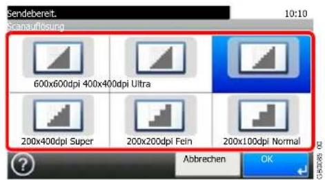 Sendebereit. Scanauflösung 600x600dpi 400x400dpi Ultra 200x400dpi Super 200x200dpi Fein 200x100dpi Normal ? Abbrechen OK