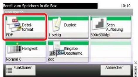 Bereit zum Speichern in die Box. 10:10 Datel sprich Datei-format PDF Duplex Scan Auflösung 1-seitig 300x300dpi Helligkeit Normal 0 Eingabe Datelname doc Funktionen Abbrechen