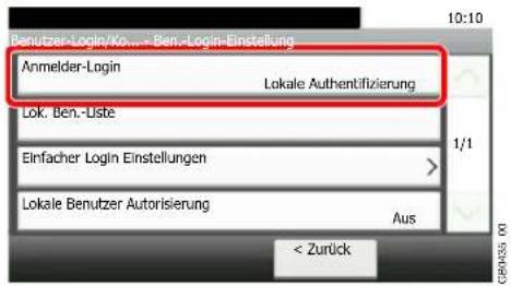Benutzer-Login/Ko... - Ben.-Login-Einstellung Anmelder-Login Lokale Authentifizierung Lok. Ben.-Liste 1/1 Einfacher Login Einstellungen Lokale Benutzer Autorisierung Aus < Zurück