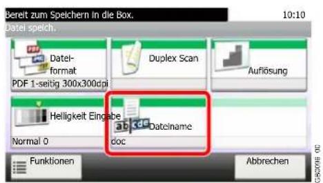 Bereit zum Speichern in die Box. 10:10 Datei speich. DateI-format PDF 1-seitig 300x300dpi Duplex Scan Auflösung Helligkeit Eingabe Normal 0 doc ab.300 Dateiname Funktionen Abbrechen