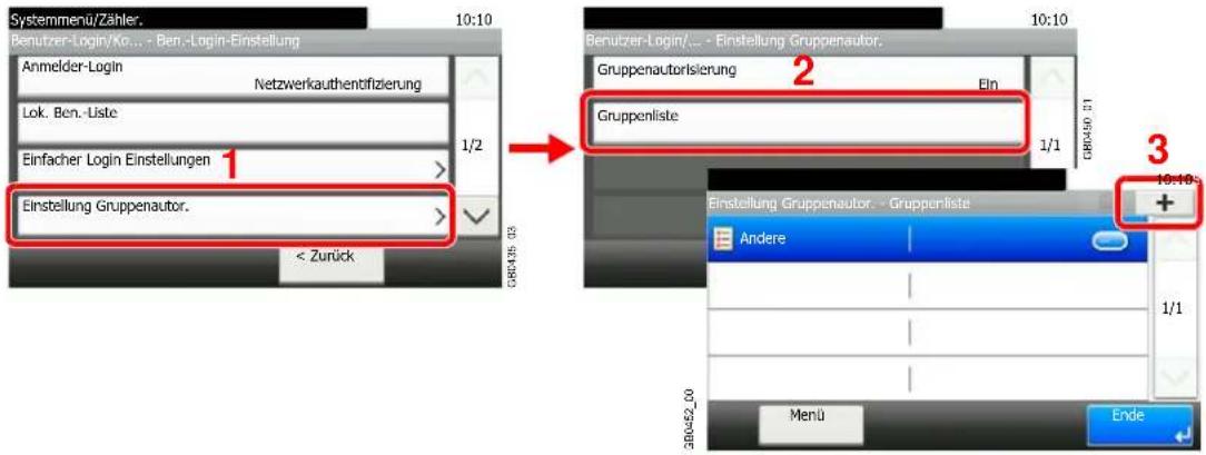 Systemmenü/Zähler. 10:10 Benutzer-Login/Ko... - Ben -Login-Einstellung Anmelder-Login Netzwerkauthentifizierung Lok. Ben.-Uiste 1/2 Einfacher Login Einstellungen 1 Einstellung Gruppenautor. 1/2 < Zurück GRD459_03 10:10 Benutzer-Login/... - Einstellung Gruppenautor. Gruppenautorisierung Ein Gruppenliste 1/1 GBD459_01 10:10 3 Einstellung Gruppenautor. - Gruppenliste Andere 1/1 Menü Ende GBD452_00