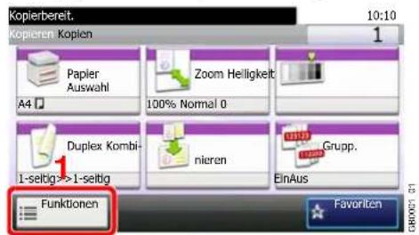 Kopierbereit. 10:10 Kopieren. Kopien 1 Papier Auswahl Zoom Helligkeit A4 100% Normal 0 Duplex Kombi- 1-seitig>>1-seitig nieren EinAus Grupp. Funktionen Favorite