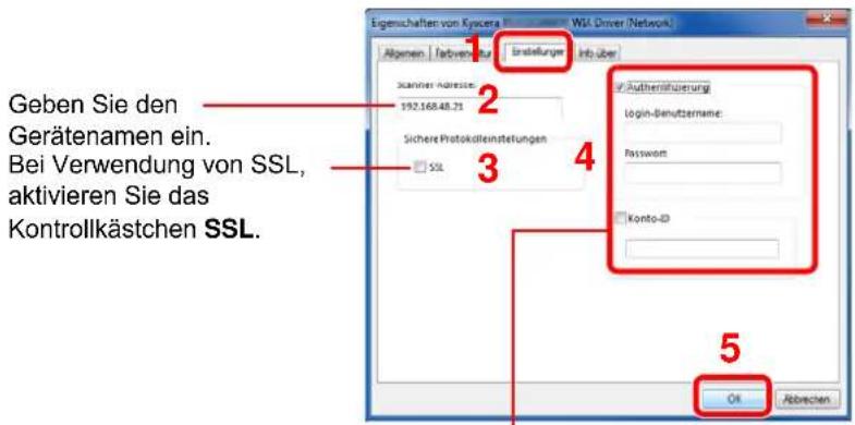 Geben Sie den Gerätenamen ein. Bei Verwendung von SSL, aktivieren Sie das Kontrollkästchen SSL.