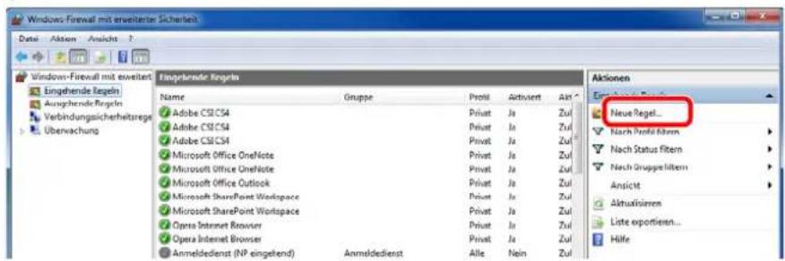 Windows Firewall mit erweiterter Sicherheit Date Aktion Ansicht ? Eingehende Regeln Ausgehende Regeln Verbindungsicherheitsrages Übervachung Eingehende Regeln Name Gruppe Profl Aktiviert Akt Adobe CS:CS4 Privat Ja Zur Adobe CS:CS4 Privat Ja Zur Adobe CS:CS4 Privat Ja Zur Microsoft Office OneNote Privat Ja Zur Microsoft Office OneNote Privat Ja Zur Microsoft Office Outlook Privat Ja Zur Microsoft SharePoint Workspace Privat Ja Zur Microsoft SharePoint Workspace Privat Ja Zur Opera Internet Browser Privat Ja Zur Opera Internet Browser Privat Ja Zur Anmeldedienst (NP eingehend) Anmeldedienst Alle Nein Zur Aktionen Neue Regel... Nach Profit filtern Nach Status filtern Nach Gruppe filtern Ansicht Aktualisierten Liste exportieren... Hilfe