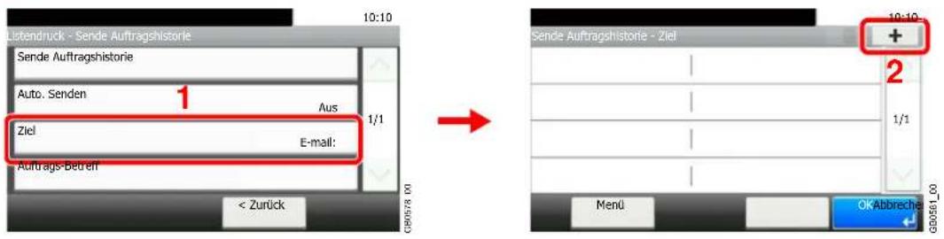 Listendruck - Sende Auftragshistorie 10:10 Sende Auftragshistorie Auto. Senden Aus 1/1 Ziel E-mail: Auftrags-Betrein < Zurück 10:10 Sende Auftragshistorie - Ziel + 2 1/1 Menu OKAbbreche G80561_00