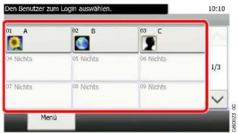 Den Benutzer zum Login auswahlen. 01 A 02 B 03 C 04 Nichts 05 Nichts 06 Nichts 07 Nichts 08 Nichts 09 Nichts Menü 10:10 1/3