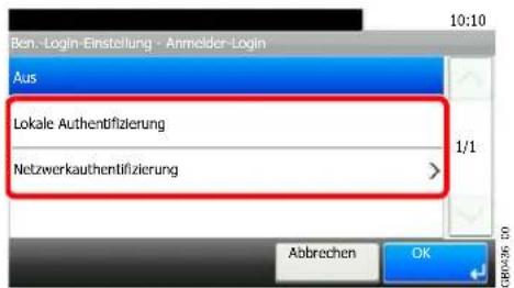 Ben.-Login-Einstellung - Anmelder-Login Aus Lokale Authentifizierung Netzwerkauthentifizierung 1/1 Abbrechen OK