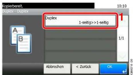 Kopierbereit. Duplex - Duplex Duplex 1-seitig>>1-seitig 1/1 Abbrechen < Zurück OK
