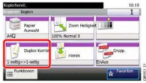 Kopierbereit. 10:10 Kopieren Kopien Papier Auswahl Zoom Helligkeit A41 100% Normal 0 Duplex Kombi 1-seitig>>1-seitig nleren Grupp. EinAus Funktionen Favanten GB0001 01