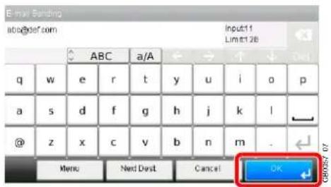 E-mail Setting abcb@def.com Input:11 Limit:1 26 ABC a/A q w e r t y u>i pivot a s d f g h j k,l @ *z x c v b n m. Menu Next Dest Cancel OK CR052-07