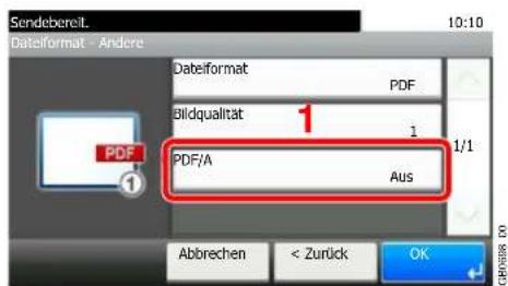 Sendebereil. Dateiformat - Andere Dateiformat PDF Bildqualität 1 1/1 PDF/A Aus Abbrechen < Zurück OK GPRSBER 00