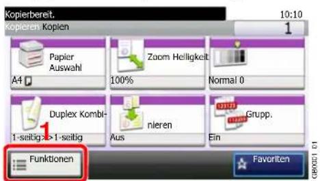 Kopierbereit. Kopieren Kopien 10:10 1 Papier Auswahl A4 Zoom Helligkeit 100% Normal 0 Duplex Kombl- 1-seitig >1-seitig Aus nieren Ein Grupp. Funktionen Favorite