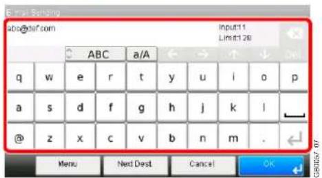 Email:Banking Ab@df.com Input:11 Limit:1 28 ABC a/A q w e r t y u>i pivot a s d f g h j k|i @ *z x c v b n m. Menu Next Dest Cancel OK