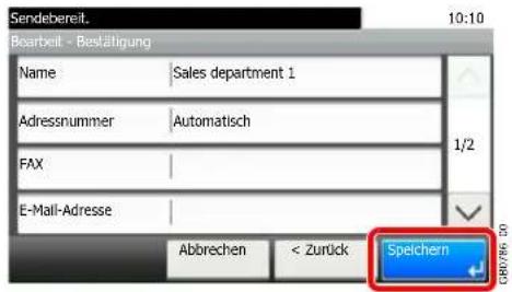 Sendebereit. 10:10 Bearbeit - Bestätigung Name Sales department 1 Adressnummer Automatisch FAX E-Mail-Adresse Abbrechen < Zurück Speichern CB0786.00