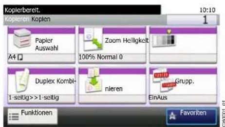 Kopierbereit. 10:10 1 Kopieren Koplen Papier Auswahl Zoom Helligkeit A4 100% Normal 0 Duplex Kombi- 1-seitig >> 1-seitig nieren EinAus Grupp. Funktionen Favorite