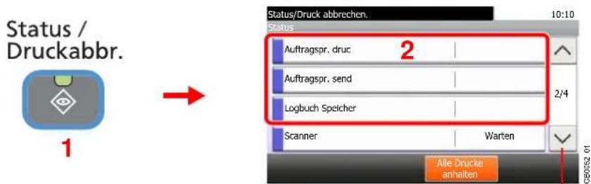 Status / Druckabbr. 1 Status/Druck abbrechen. 10:10 Status Auftragspr. druc 2 Auftragspr. send 2/4 Logbuch Speicher Scanner Warten Alle Drucke anhalten G80552 01