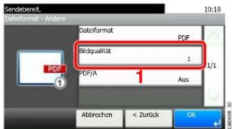 Sendebereit. Dateformat - Andere DateFormat PDF Bildqualität 1 1/1 PDF/A Aus Abbrechen < Zurück OK