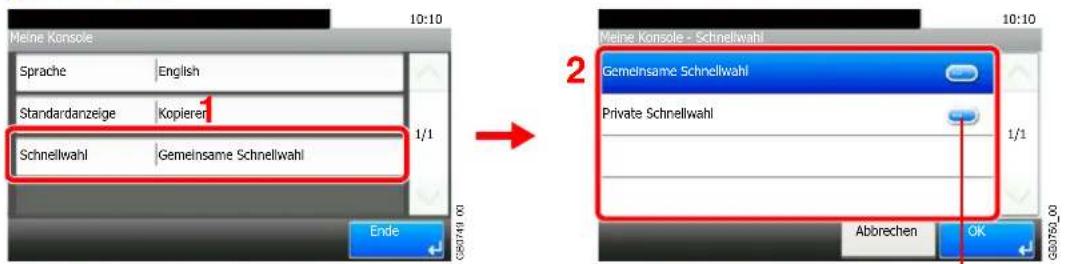 Meine Konsole Sprache | English Standardanzeige | Kopierer 1 Schnellwahl | Gemeinsame Schnellwahl Ende 2 Meine Konsole - Schnellwahl Gemeinsame Schnellwahl Private Schnellwahl 1/1 Abbrechen | OK