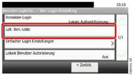 Benutzer-Login/Ko... - Ben.-Login-Einstellung Anmelder-Login Lokale Authentifizierung Lok. Ben.-Liste Einfacher Login Einstellungen Lokale Benutzer Autorisierung Aus < Zurück