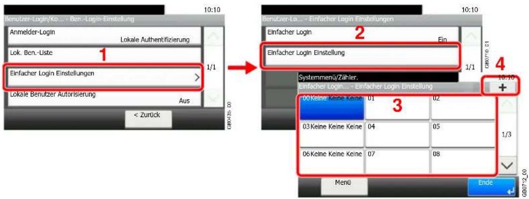 Benutzer-Login/Ko... - Ben-Login-Einstellung Anmelder-Login Lokale Authentifizierung Lok. Ben.-Liste 1/1 Einfacher Login Einstellungen Lokale Benutzer Autorisierung Aus < Zurück GB035-00 10:10 10:10 Benutzer-Lo... - Einfacher Login Einstellungen Einfacher Login Einflaser Login Einstellung Einflaser Login Fin 1/1 GB07-0-01 Systemmenü/Zähler. Einfacher Login... - Einfacher Login Einstellung 00 Keine Keine Keine 01 02 03 Keine Keine Keine 04 05 06 Keine Keine Keine 07 08 1/3 Ende 10:10 G807-2_00