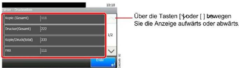 Zahler - Druckseten Kople (Gesamt) 111 Drucker(Gesamt) 222 Kople/Druck(total) 333 FAX 111 Über die Tasten [ ] oder [ ] bewegen Sie die Anzeige aufwärts oder abwärts. Ende