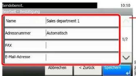 Sendebereil. Bearbeit - Bestätigung Name Sales department 1 Adressnummer Automatisch FAX E-Mail-Adresse Abbrechen < Zurück Speichern 1/2 CPR0756.00