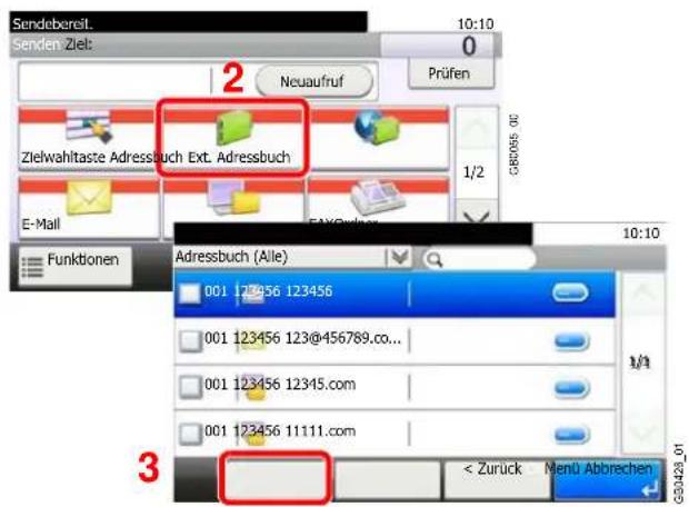 Sendebereit. 10:10 Senden Ziel: Neuaufruf Prüfen 2 Zielwahltaste Adressbuch Ext. Adressbuch E-Mail Funktionen Adressbuch (Alle) 001 123456 123456 001 123456 123@456789.co... 001 123456 12345.com 001 123456 11111.com 3 < Zurück Menü Abbrechen GB3429_01