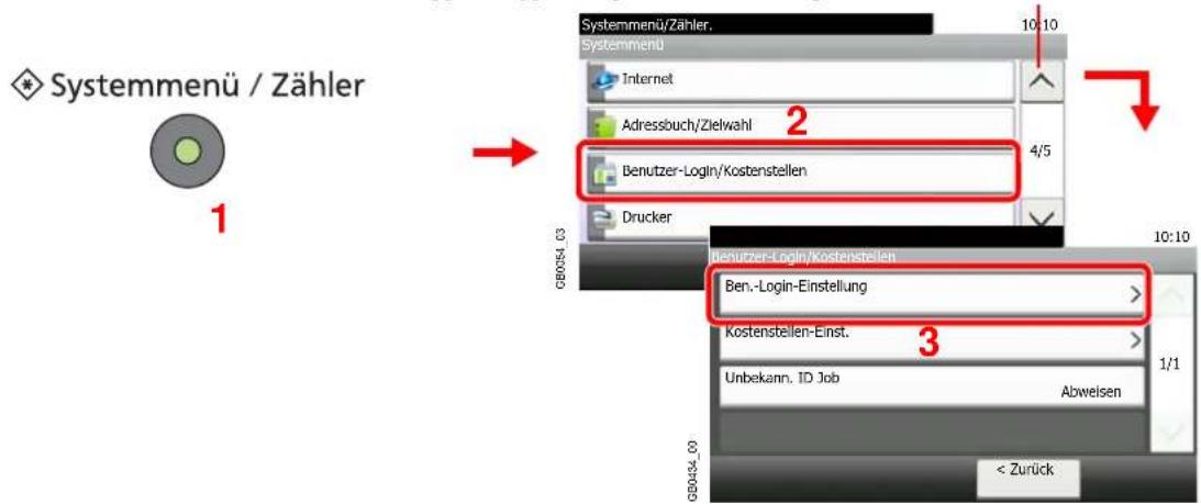 Systemmenü / Zähler 1 Systemmenü/Zähler. 10:10 Internet Adressbuch/Zielwahl 2 4/5 Benutzer-Login/Kostenstellen Drucker GB0054_03 10:10 Benutzer-Login/Kostenstellen Ben.-Login-Einstellung Kostenstellen-Einst. 3 Unbekann. ID Job Abweisen 1/1 GB0054_00 < Zurück