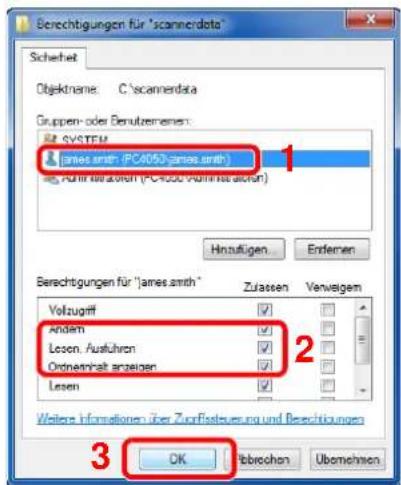 Berechtigungen für "scannerdata" Sicherheit Objektname: C:\scannerdata Gruppen- oder Berutzernaten: RIT SYSTEM james.smth (PC4050-james.smth) Jahr mit dem 2019 (PC4050-jahrinste aufren) Hinaufügen Enferen Berechtigungen für "james.smth" Zusagen Verweigem Volzugriff Andem Lesen. Ausfuhrer Ordnennhalt anzeigen Lesen 2 3 Weitere Informationen über Zunfassierung und Berechtigungen OK Abbrechen Übromehmen