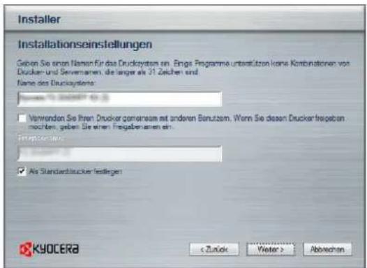 Installer Installationseinstellungen Geben Sie einen Namen für das Drucksystem en. Erige Programme untersutzen keine Kombinationen von Drucker- und Serveamen, die länger als 31 Zeichen sind. Name des Drucksystems: ■ Vorwenden Sie ihren Druckergemensam ist anderen Bonutzern. Wenn Sie dessen Drucker Treisoben mochten, geben Sie einen Freigabenamen ein. ■ Verwenden Sie ihren Druckergemensam ist anderen Bonutzern. Wenn Sie dessen Drucker Treisoben mochten, geben Sie einen Freigabenamen ein. ■ Als Standardblucker festligen KYOCERA < Zunde Vistor > Abwechen