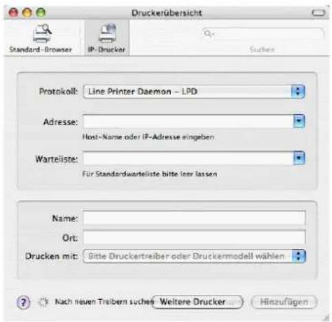 Druckerübersicht Standard - Browser IP-Drucker Sucher Protokoll: Line Printer Daemon - LPD Adresse: Host-Name oder IP-Adresse eingeben Warteliste: Für Standardwarteliste bitte lehr lassen Name: Ort: Drucken mit: Bitte Druckertreiber oder Druckermodell wählen Nach neuen Treibern suchen Weitere Drucker... Hinzufügen